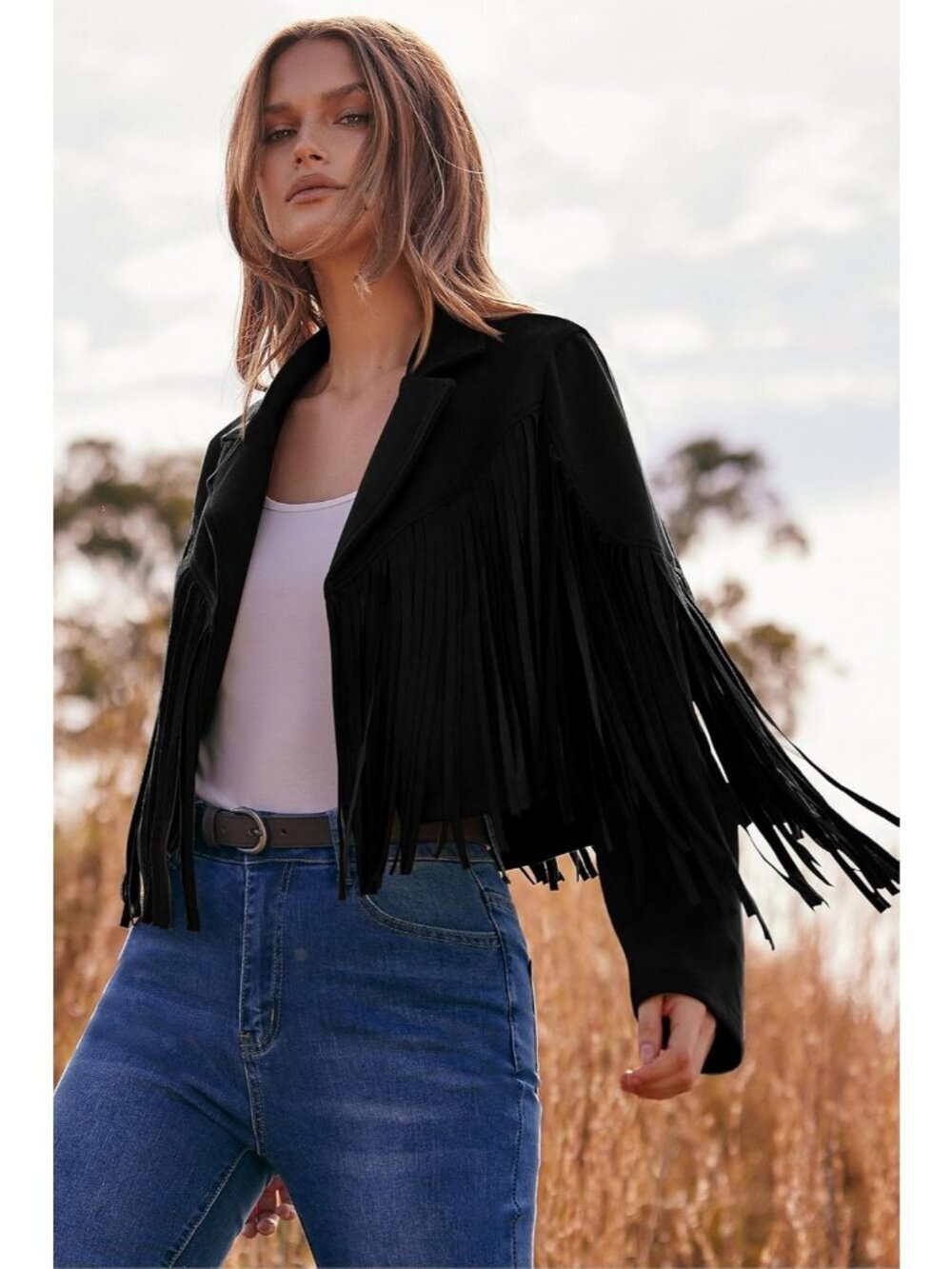 Women's Black Polyester Blend Faux Suede Leather Motorcycle Cropped Jackets - Picture 3 of 6